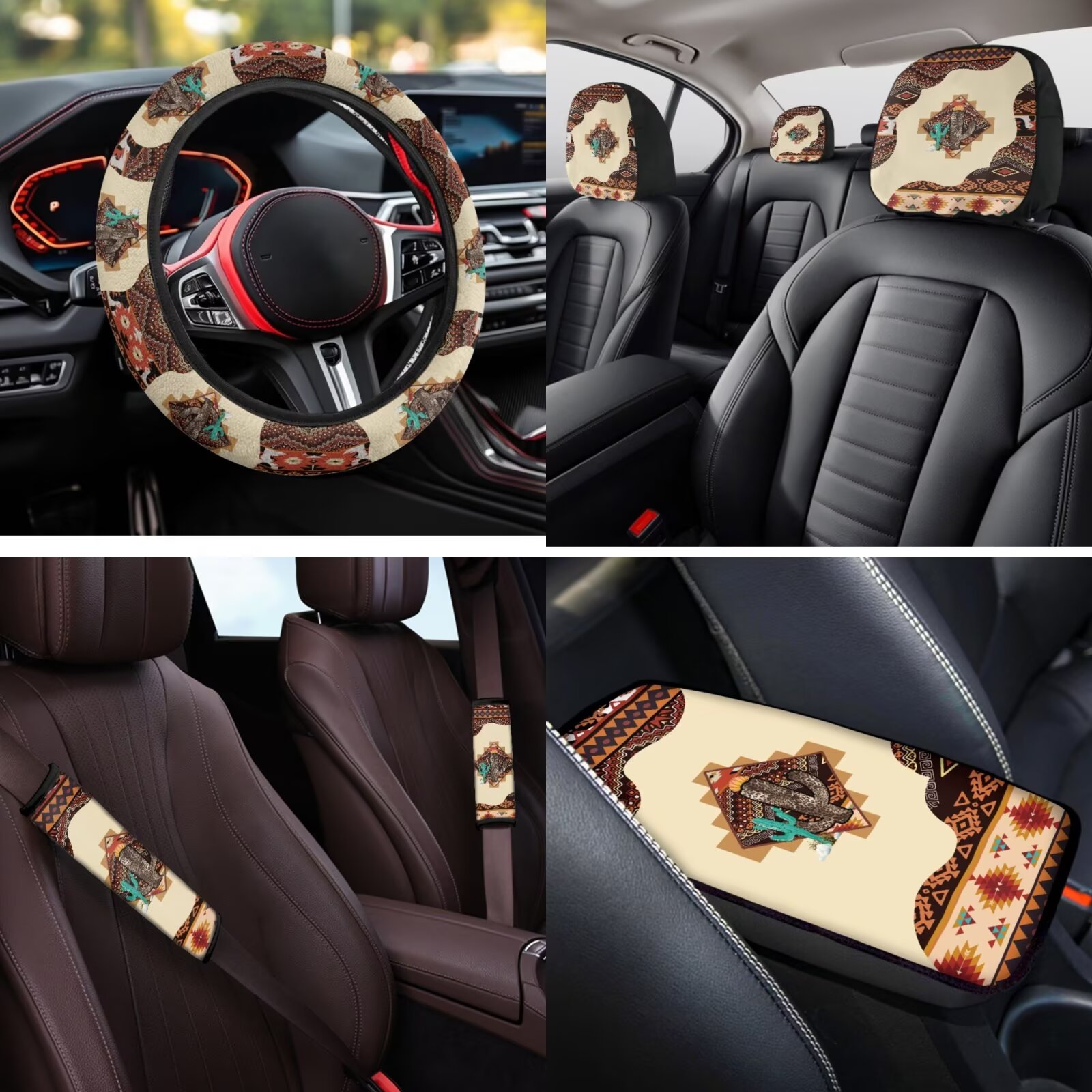 HUIACONG Aztec Car Seat Cover Full Set Brown Native American Tribal Geometric Decor Front and Back Seat Covers with Steering Wheel Cover Armrest Cover Seat Belt Pads Headrest Cover Coasters 14 Pcs