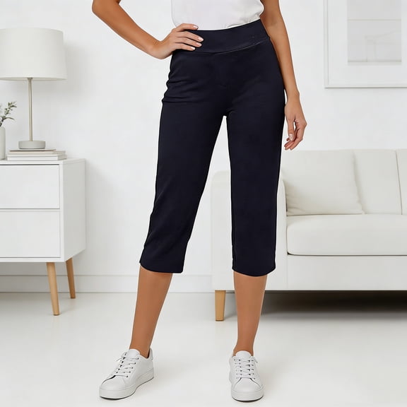JUSLIO Women Capris Casual Fashion Elastic Waist Capris Navy L
