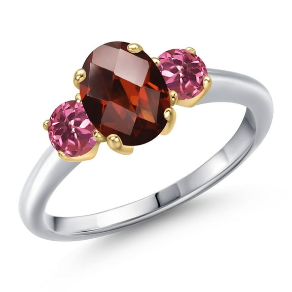 Gem Stone King 10K Two Tone Gold Red Garnet and Pink Tourmaline Engagement Ring for Women | 2.03 Cttw | Oval Checkerboard 8X6MM | Gemstone January Birthstone | Size 9