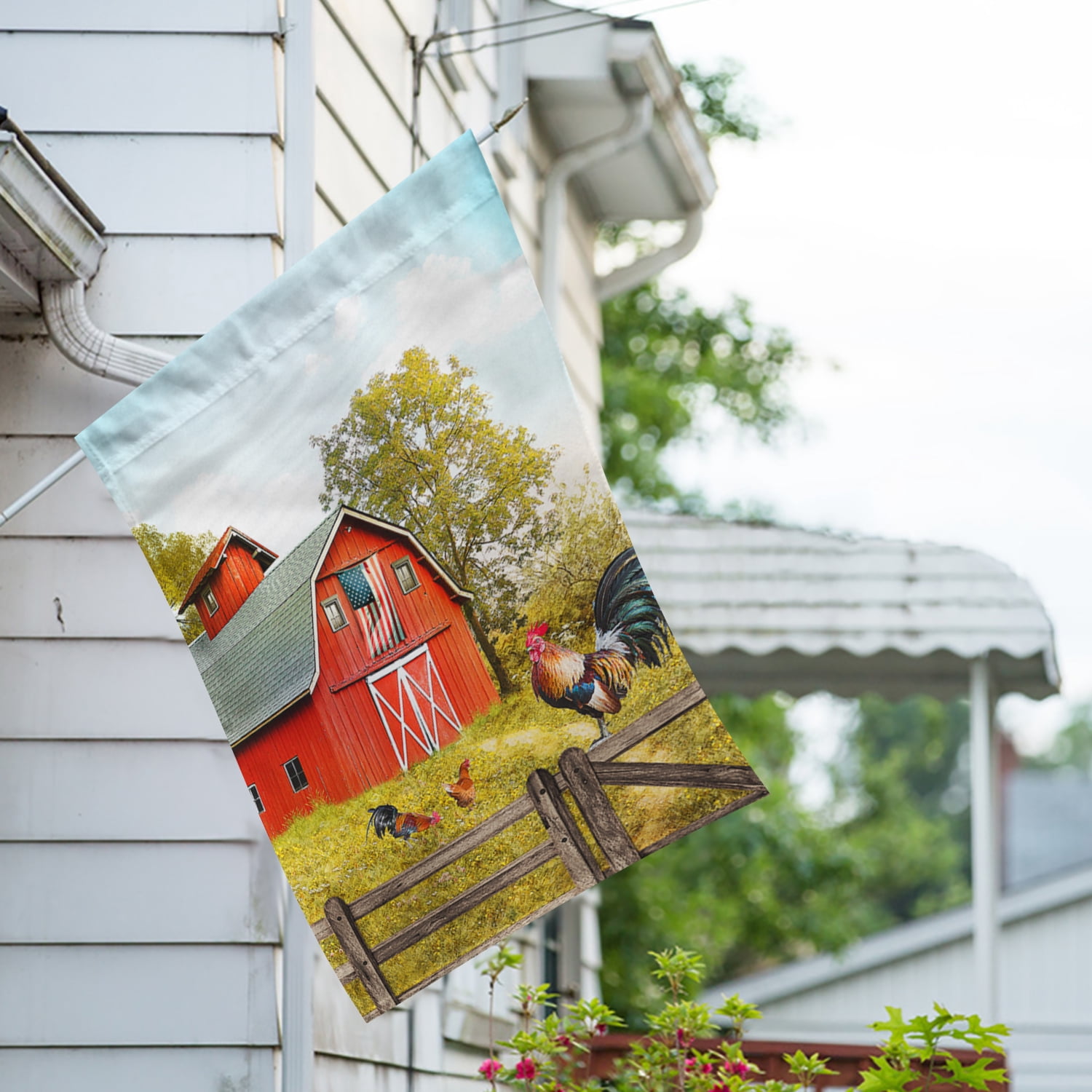 America Forever Summer Patriotic Red Barn Rooster House Flag 28 x 40 inches Fancy Farm Rooster Chicken Farm Bird Double Sided Seasonal Poultry Country Yard Outdoor Decorative Rustic House Flag