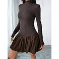 thumbnail image 4 of Women Long Sleeve Bubble Mini Dress Bodycon Mock Neck Casual Cocktail Club Party Dresses Brown L, 4 of 9