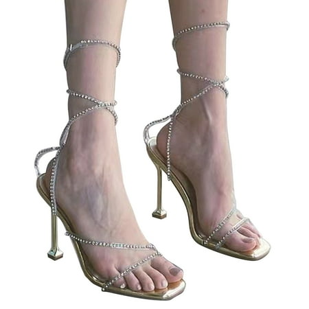 

NEGJ Fashion Spring Summer Women Sandals Rhinestone Ankle Buckle Casual High Heels