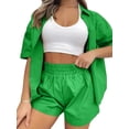 thumbnail image 2 of Sunloudy Conjunto de 2 piezas de verano a juego para mujer, camisa abotonada de media manga de color sólido + conjunto de pantalones cortos con cintura elástica para damas Sunloudy  S M L XL XXL, 2 of 7