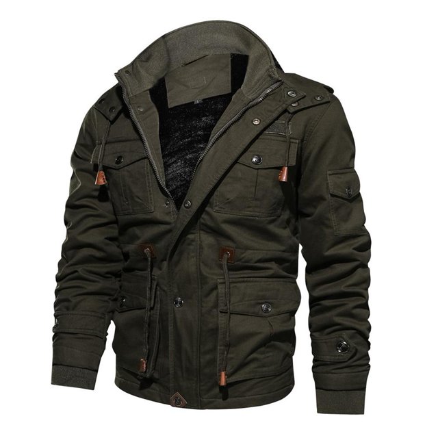 chaqueta con capucha y bolsillos de abrigo de lana gruesa y cálida de manga larga para hombre de talla grande Verde XXXL, vista frontal 3/4 con capucha ajustable, cierre con cremallera y botones, bolsillos de solapa en pecho y cintura, bolsillo en la manga, puños elásticos y cordones en la cintura, mezcla poliéster-algodón con forro oscuro, estilo casual ideal para uso diario o actividades al aire libre; a menudo usada también para combinar con jeans o pantalones chinos.