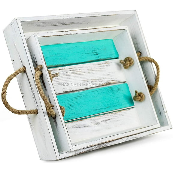 Beautiful Vintage Colorwashed Serving Trays Set of 2 with Rope Handles - Pirate Home Decor Gift - Nagina International