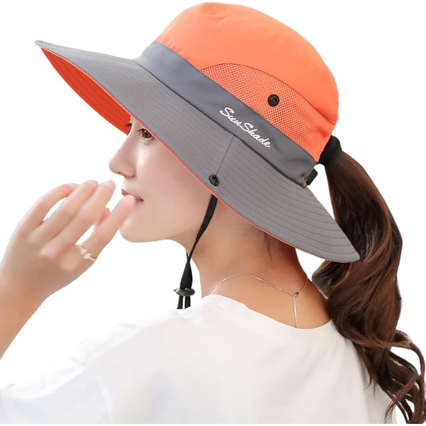 Sombrero de sol con cola de caballo para mujer, protección UV, plegable, de malla, ala ancha, para pesca en la playa$Sombreros de sol con ala ancha con protección UV para mujer, gorra con