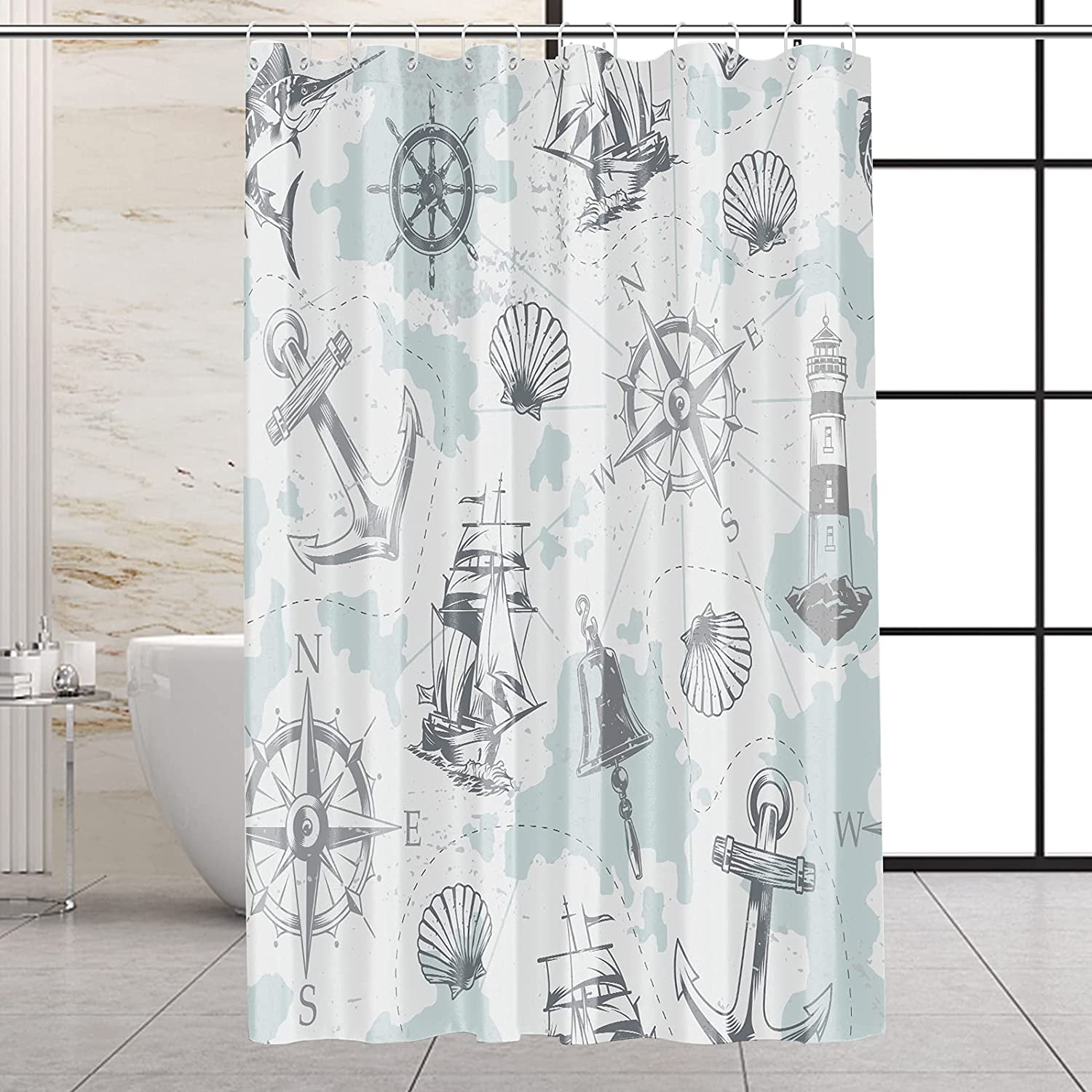 Nautical Fabric Shower Curtain for Bathroom, Vintage Anchor Bath Decor