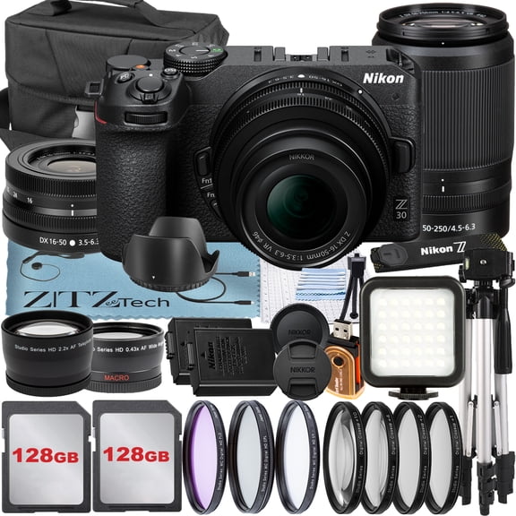 Nikon Z30 Mirrorless Camera with NIKKOR 16-50mm   DX 50-250mm Zoom Lens   2 Pack SanDisk 128GB Card   Case   Telephoto   Tripod   ZeeTech Accessory Bundle