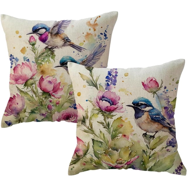 SOIBC-Watercolor Birds Flowers Decorative Pillowcases 2pack Spring Summer Patio Decor Cushion Cover Farmhouse Rustic Birds Floral Pillow Covers 18 x 18 Inches for Sofa Couch Porch (Blue/Purple)