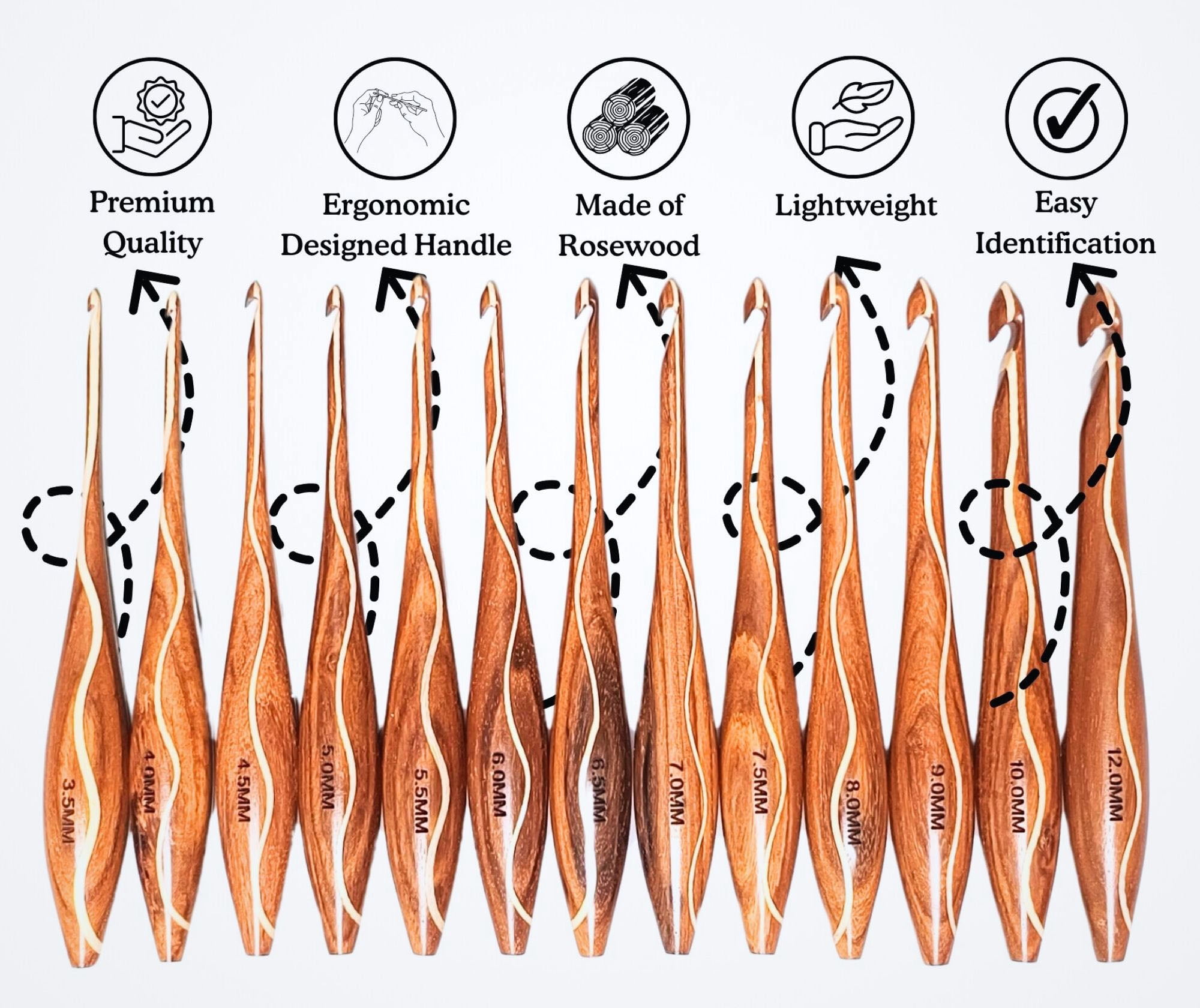 Wooden Crochet Hooks Set - 7 Sizes 4mm to 10mm - Crochet Hooks with Comfortable Grip - - Ergonomic Design for Arthritic Hands - for Crocheting, Knitting - Gifts for Her(Dsg1,Hooks, Stand, Bowl)