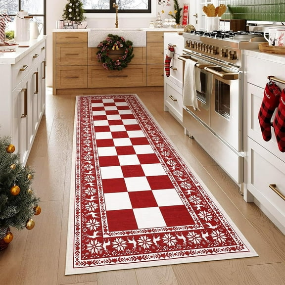Red 2x6 Runner Rug, Washable Rug for Christmas Decor, Indoor Non Slip Carpet, Checkered Soft Low Pile Christmas Rugs for Kitchen, Entryway, Living Room, Bedroom