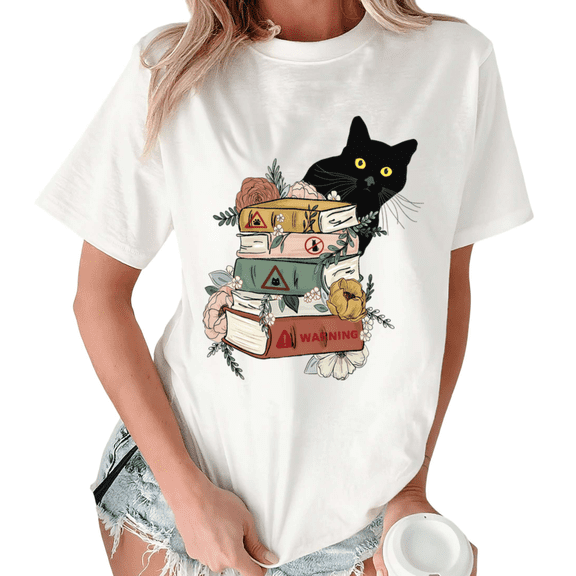 White Cottagecore Cat Reading Books Print Tshirt Graphic Tees Shirts S-5XL Bookish Aesthetic Gift Tops
