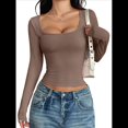 thumbnail image 2 of Camisas de Larga para Mujer, Tops Cortos, Cuello Cuadrado, Camisetas Básicas para Salir, Ropa de Invierno Y2K 2025 Color Café M, 2 of 7