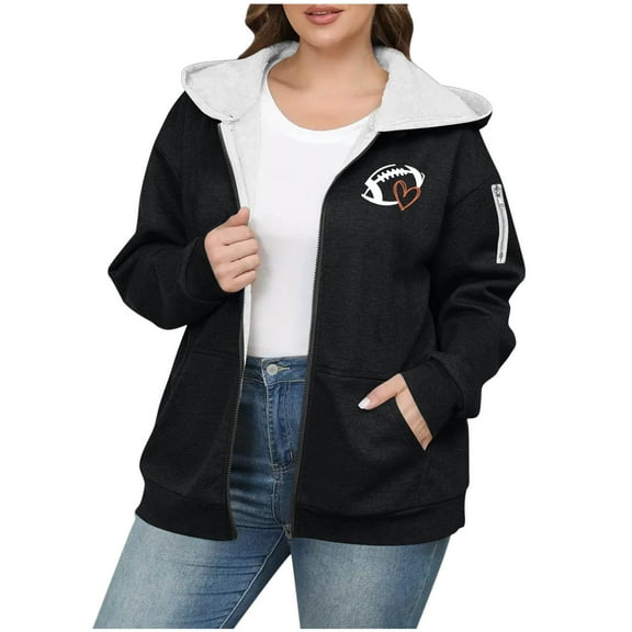 Olyvenn Womens Zip Up Hoodies 2025 Casual Oversized Fleece Jacket Football Print Y2K Hoodie Winter Sherpa Lined Jacket Warm Coats Pockets Black XL