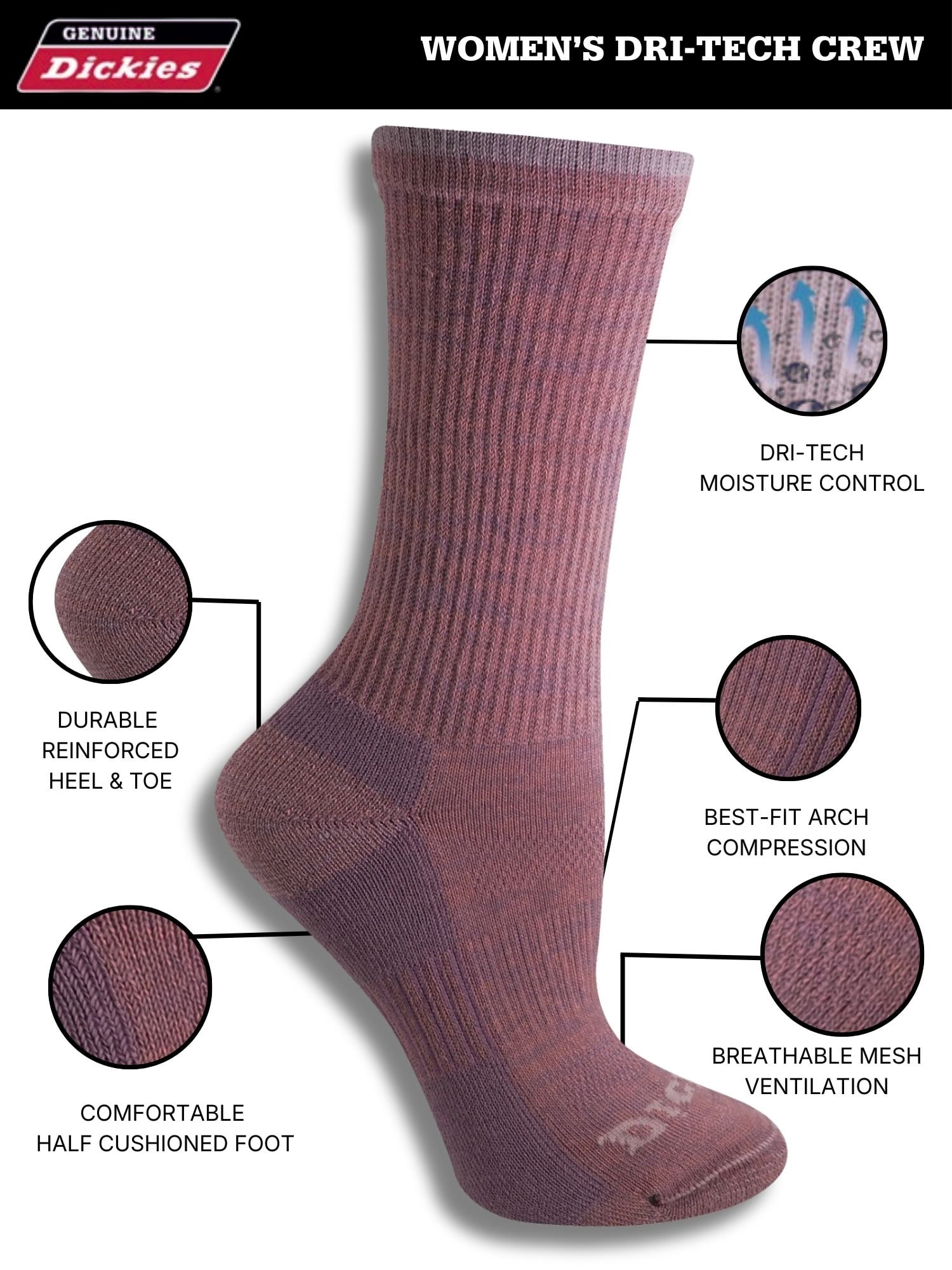Genuine Dickies Women's Dri-Tech Free Run Crew Socks, 5-Pack