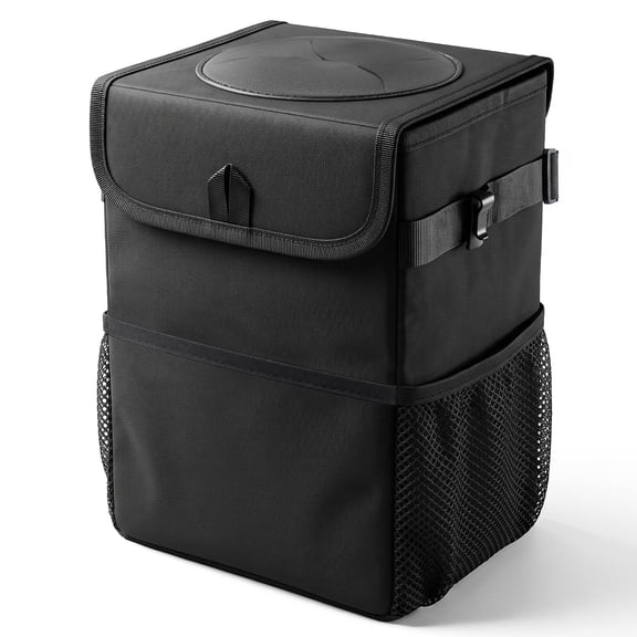 Car Trash Can with Lid, Durable Leakproof Car Garbage Bin, Foldable Vehicle Waste Bin, Car Trash Bag with Side Mesh Pockets for Car Storage Organizer