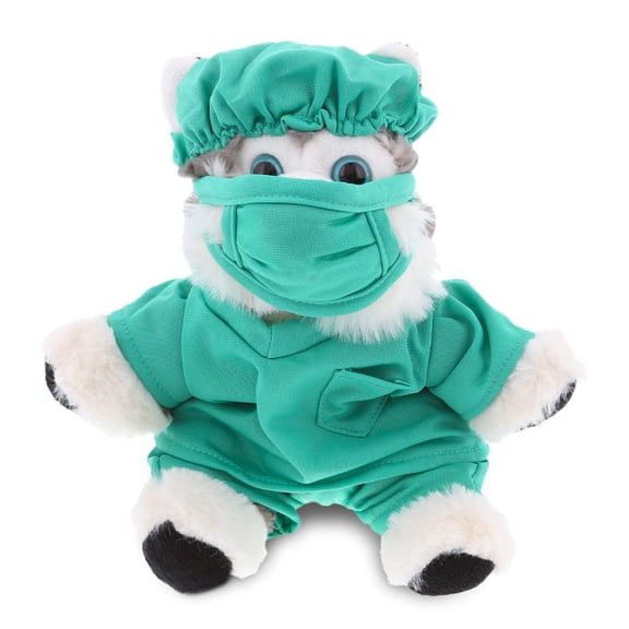 DolliBu Floppy Husky Doctor Plush Toy - Super Soft Floppy Husky Doctor Stuffed Animal Dress Up with Cute Scrub Uniform & Cap Outfit - 7.5" Inches