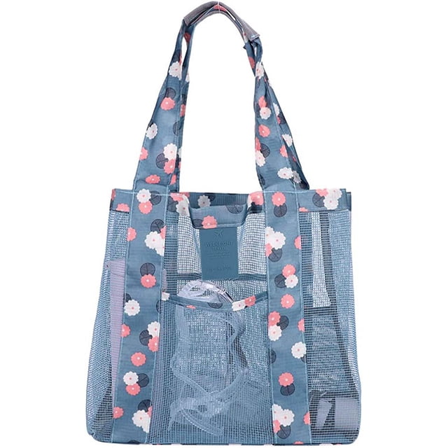 Bolso de playa de malla (flor azul) Bolso de hombro plegable de malla impermeable Bolsa de compras reutilizable Bolsa de almacenamiento de juguetes de playa Bolsa multifuncional para el hogar Vacacio