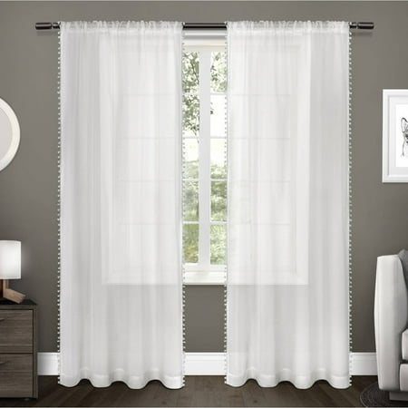 2 Pocket Border Exclusive Home Curtains 2 Pack Pom Pom Applique Bordered Textured Sheer Rod Pocket Curtain Panels ()