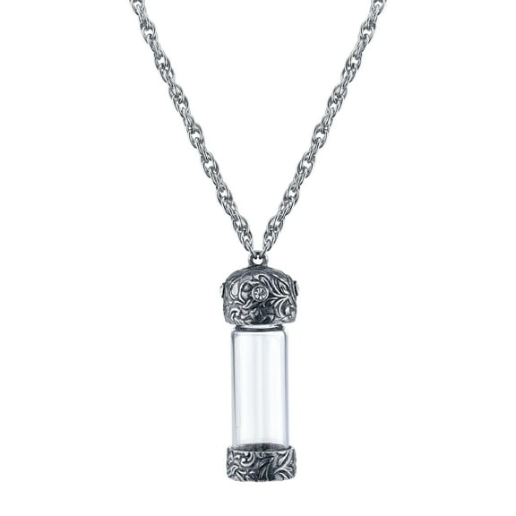 1928 Jewelry Women's Antiqued Pewter Crystal Glass Vial With Screw Cap Necklace 30"