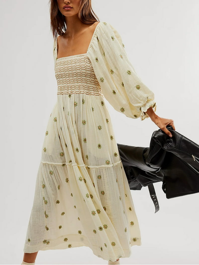 Women Floral Embroidered Maxi Dress Long Puff Sleeve Square