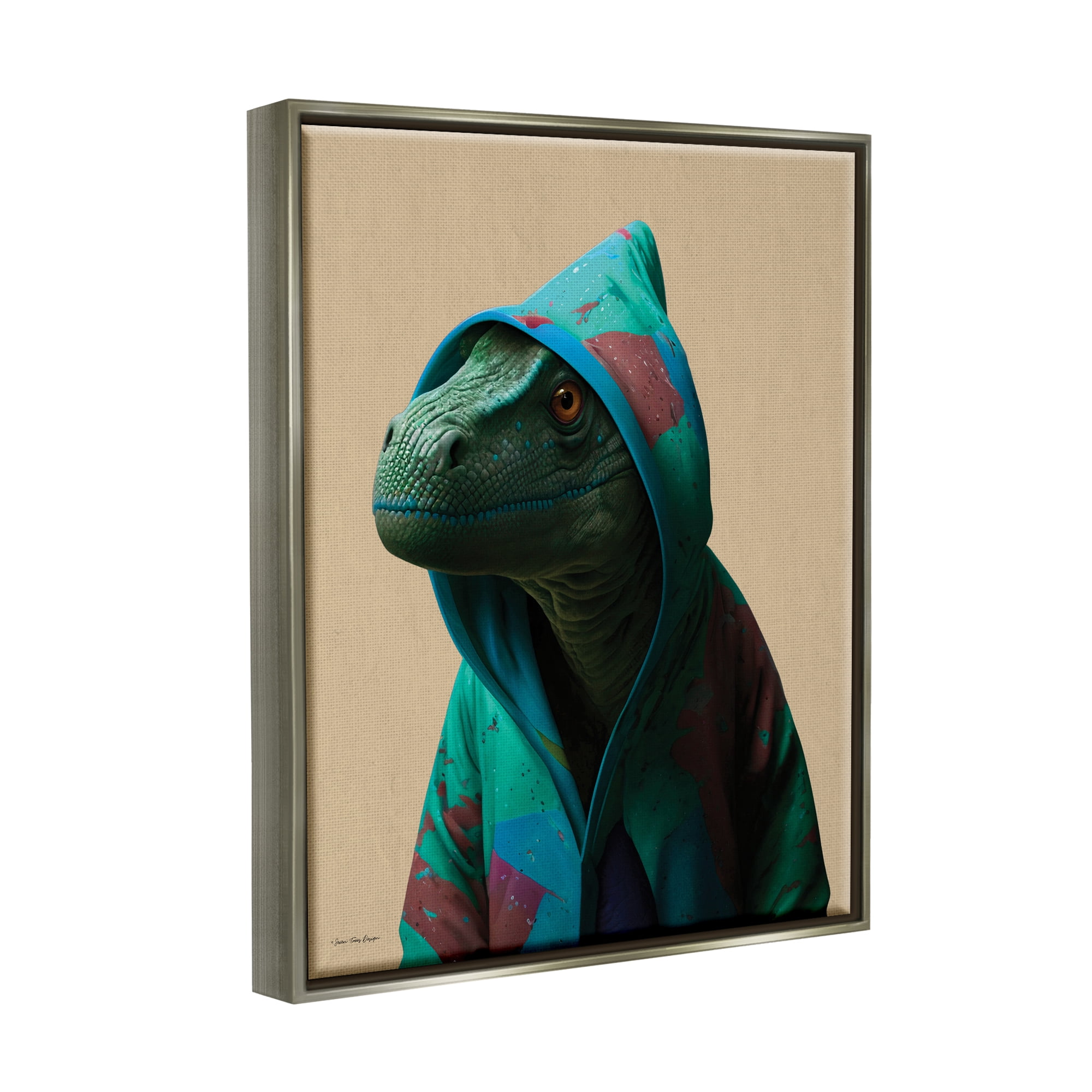 Stupell Industries Dinosaur in Stylish Hoodie Animals & Insects Painting Gray Floater Framed Canvas Art Print Wall Art, 17 x 21