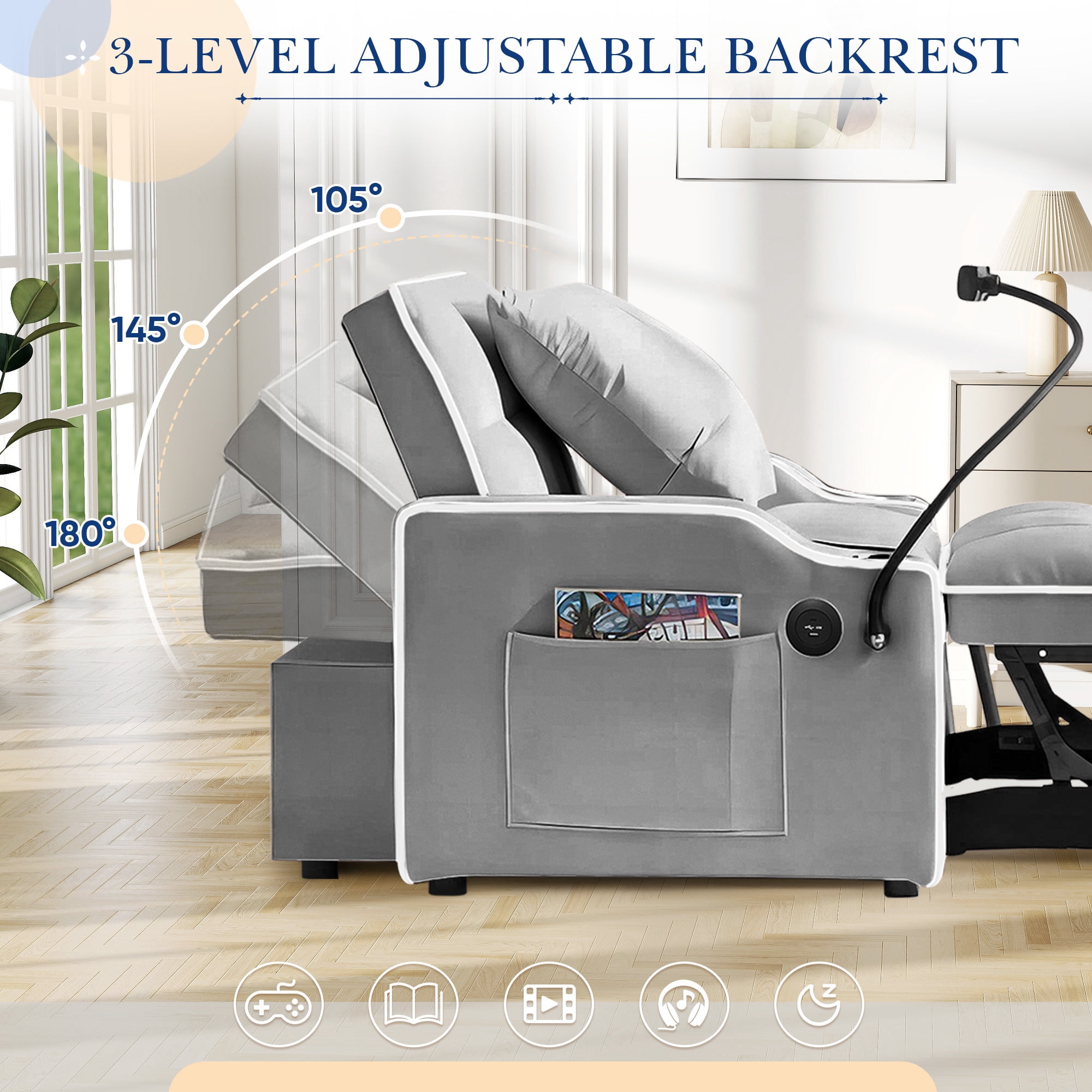 Lunale 4-in-1 Convertible Sleeper Chair Bed with Charge Ports & Phone Stand, Gray Velvet
