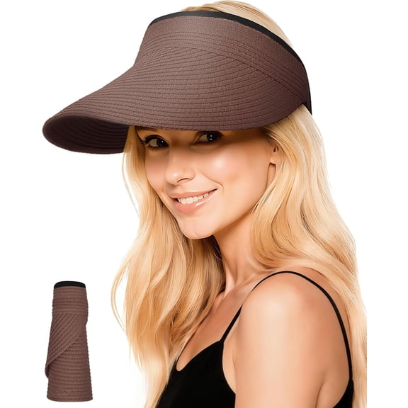 Kukuzhu Sun Hats Visor for Women, Straw Beach Hat Adjustable Wide Brim Ponytail Packable for Summer Travel UPF 50