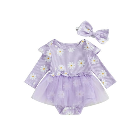 

Binshrliy Infant Girls Fall Princess Dress Clothes 3M 6M 12M 18M Baby Girls Daisy Print Long Sleeve Rompers Dress with Headband Autumn Clothing for Newborn Girls