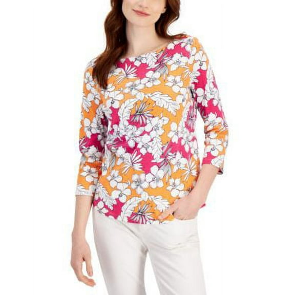 MSRP $25 Charter Club Womens Cotton 3/4-Sleeve Print Top Orange Size XS