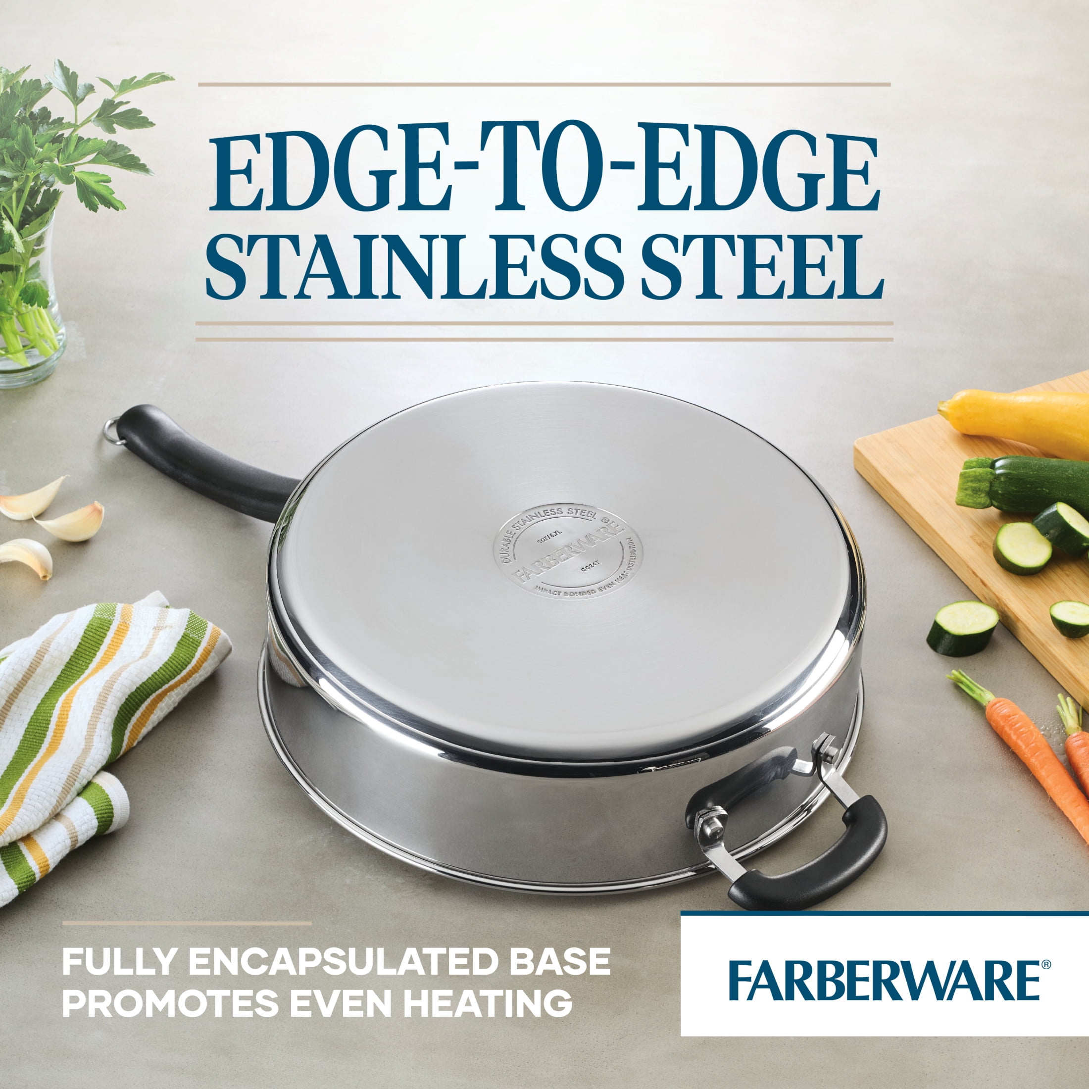 Farberware Brilliance 6 Quart Saute Pan with Lid and Helper Handle, Induction Compatible, Metal Utensil and Dishwasher Safe, Stainless Steel