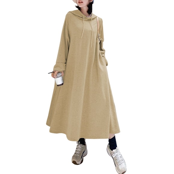 ZANZEA Women Hooded Long Sleeve Sweatshirt Dress A-Line Maxi Sweat Dresses
