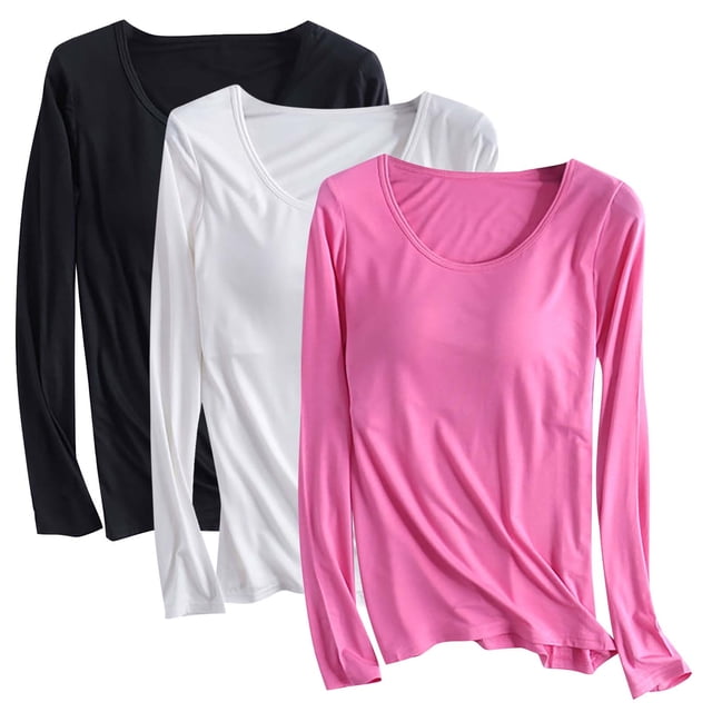 Fanxing Lot de 3 T-Shirts à Manches Longues pour Femmes Grande Taille Col Rond Basiques Ajustés Décontractés Extensibles