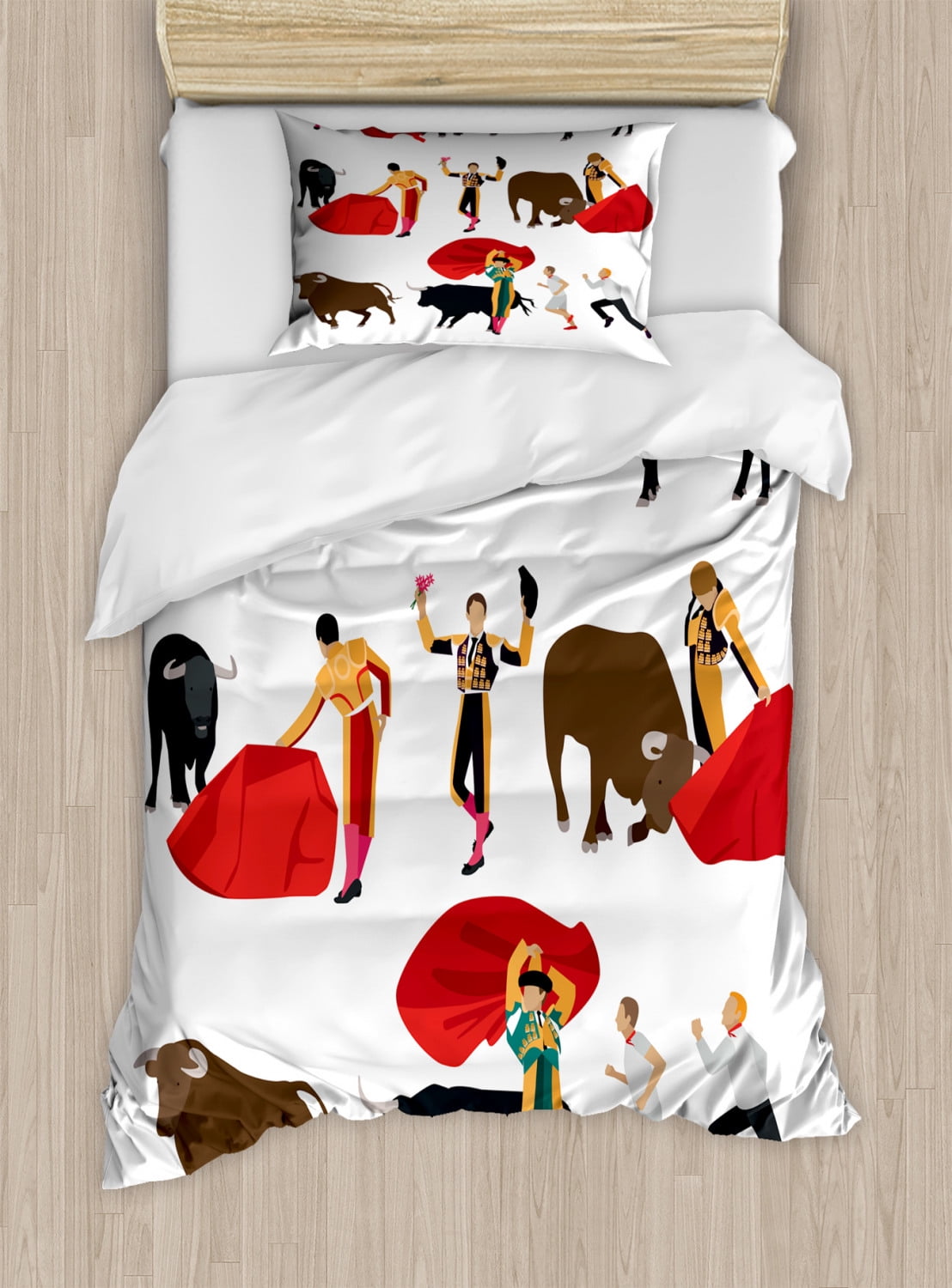Spanish Duvet Cover Set Twin Size, Bullfighting Corrida People Crowd