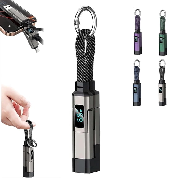 4-in-1 Keychain Charging Cable, 65W Fast Charge Multi-Connector Data Cord with Digital Display, Short Lanyard Cable for Type-C and Mobile Devices