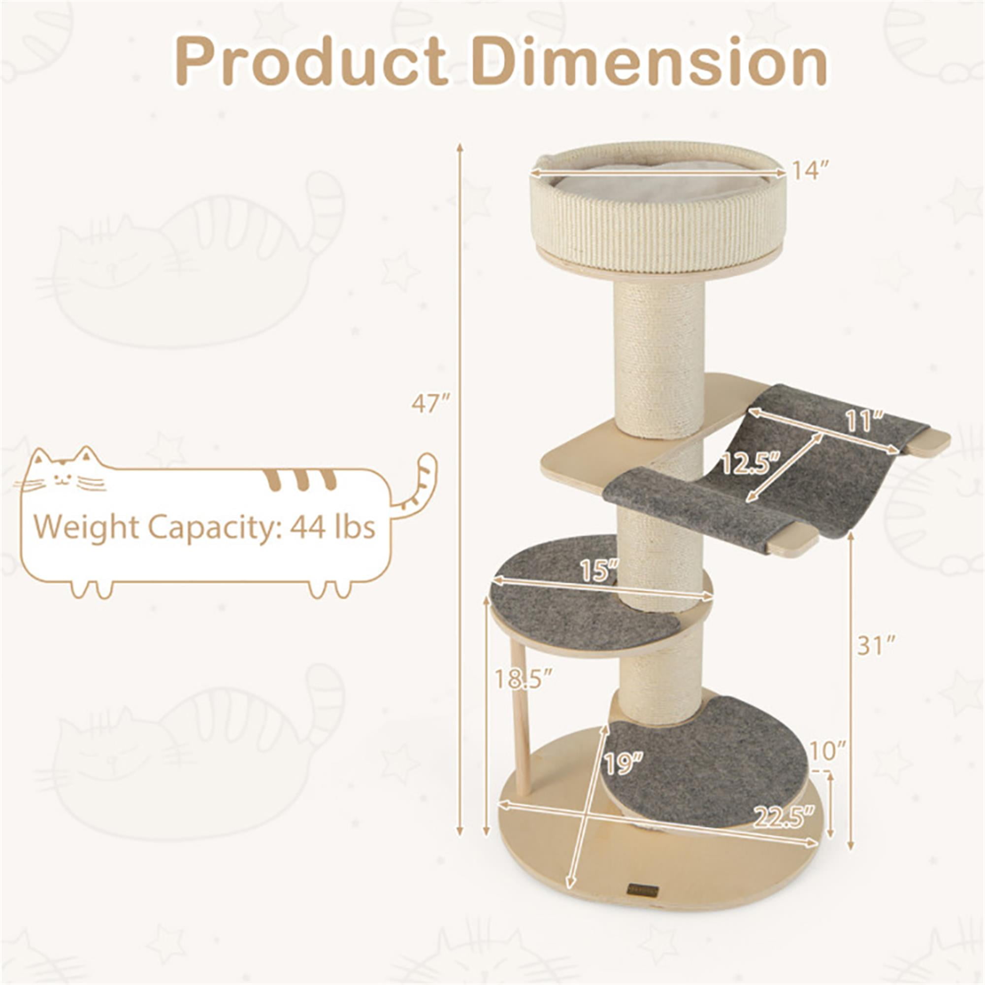 Kadyn 47" Cat Tree Tower with Thickened Sisal Scratching Posts, 4-Tier Cat Condo with Hammock, Beige