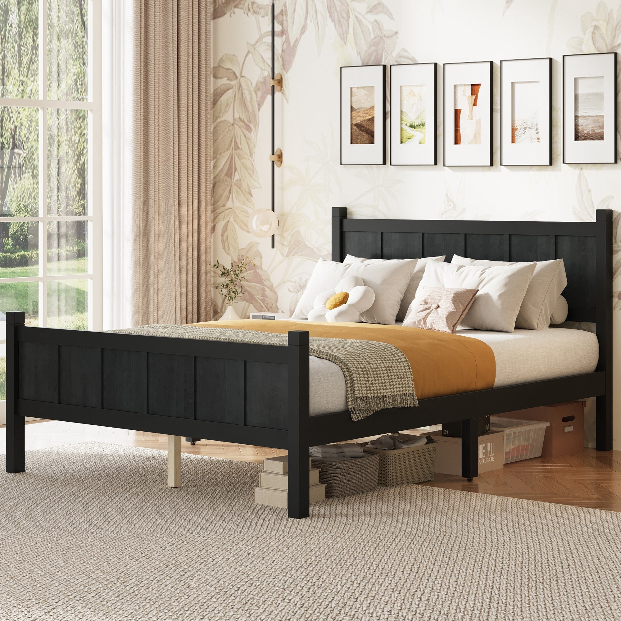 Sailvan Full Platform Bed with Headboard & Footboard - Shaker Farmhouse Style Bed Frame with Wood Grain Finish & Under-Bed Storage Black