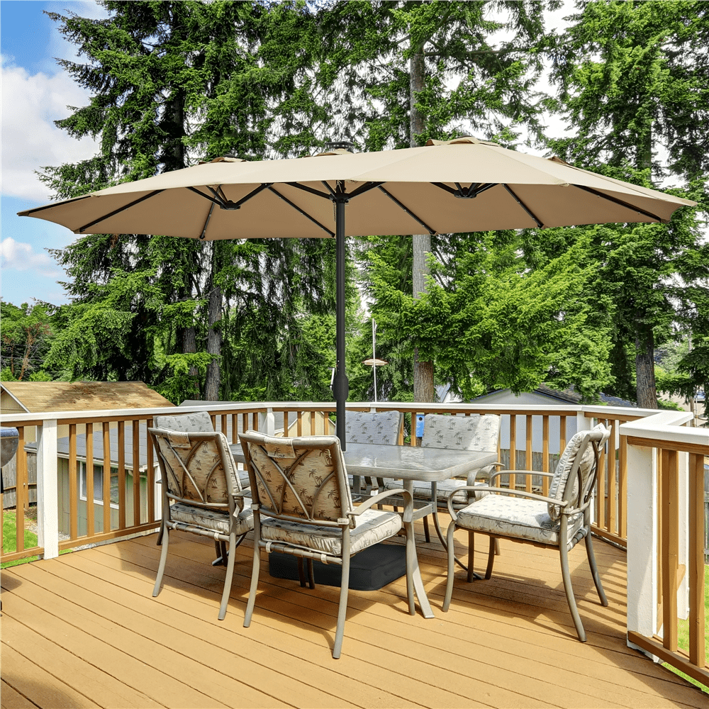 Alden Design 13 ft Patio Umbrella with 36 Solar LED Lights for Outdoor, Tan