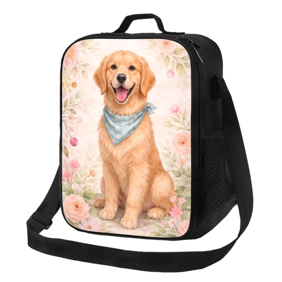 Golden Retriever Floral Dog Lunch Bag Insulated Thermal Box with Shoulder Strap & Handle for Work and Picnic