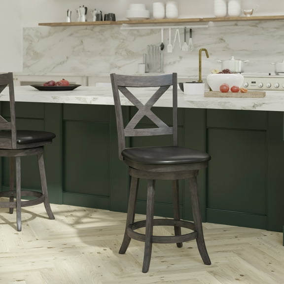 Emma Oliver Wooden Crossback Counter Height Pub Style Barstool with Black Padded Faux Leather Swivel Seat in Graywash Walnut