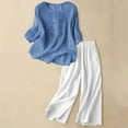 thumbnail image 2 of Women's Linen Embroidered Casual Suit Set Comfortable Summer Outfit Wide Leg Pants Short Sleeve Top Wear, 2 of 2