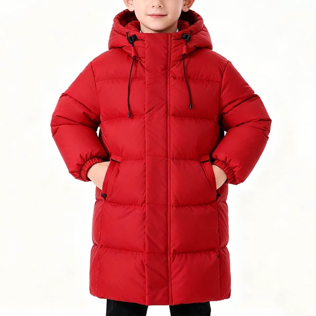 Parkas de manga larga de invierno para niños y niñas, de color sólido, gruesas, con capucha, cálidas, de plumón medio a largo, para niños, tops de algodón para niños