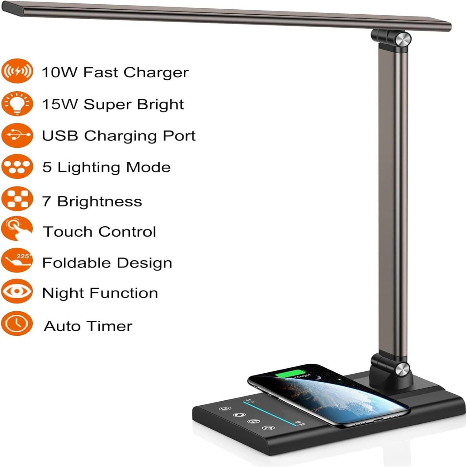 Multifunctional LED Desk Lamp with 10W Fast Wireless Charger, USB Charging Port,1800Lux Super Bright,5 Lighting Mode,7 Brightness, Touch Control, Auto Timer, 15W Office Table Lamp