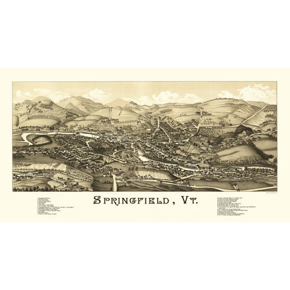 Historic Panoramic View - Springfield Vermont - Burleigh 1886 - Vintage Wall Art