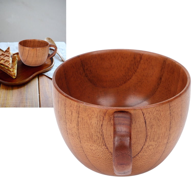 Wood Coffee Mug, Retro Flat Base Washable Portable Tea Cup with Handle for Household School Office (12x10x7cm/4.72x3.94x2.76in)