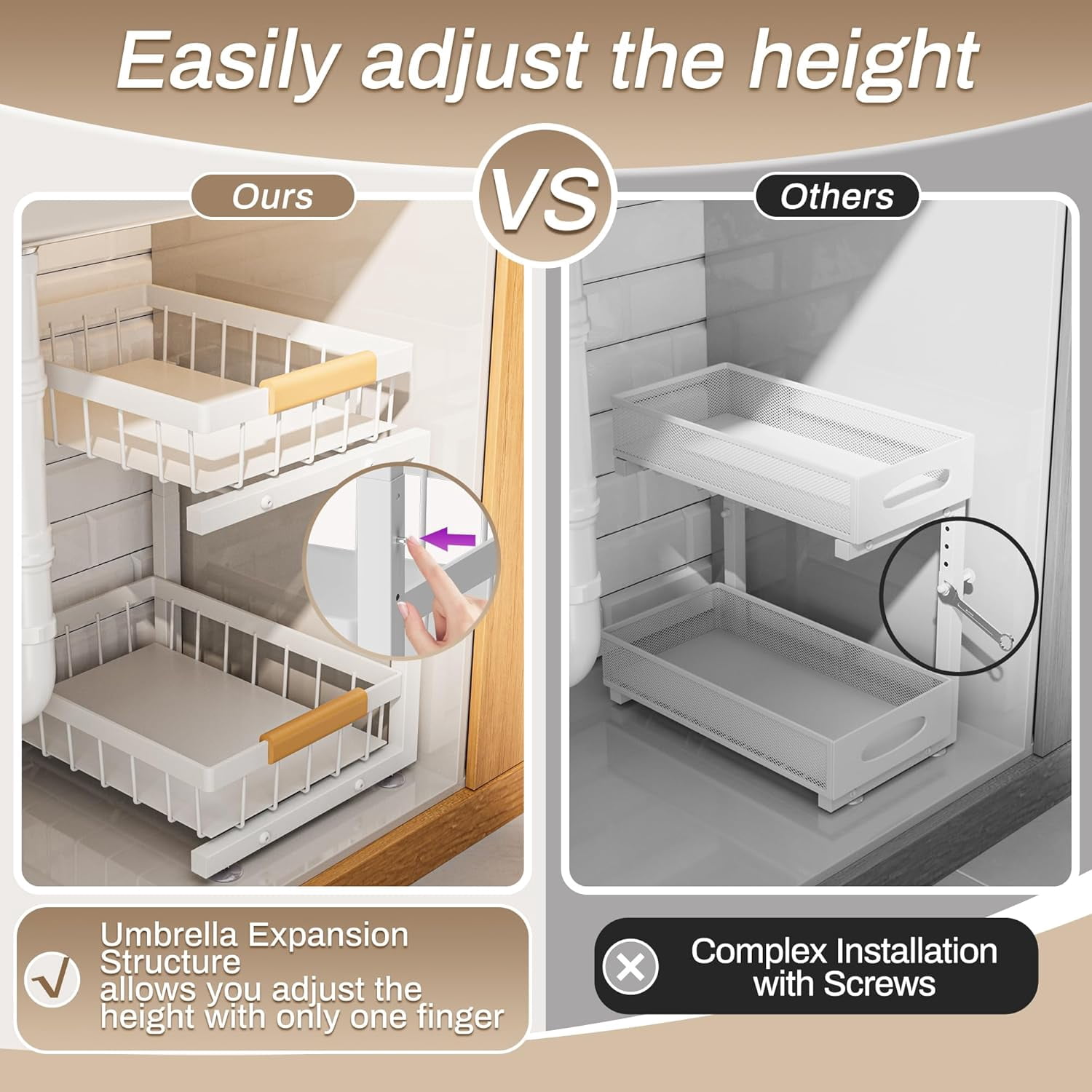 Under Sink Organizer 2 Pack, Adjustable Height (11"-15.75") Under Cabinet Storage, 2 Tier Pull Out Sliding Drawers for Kitchen Bathroom, Heavy Duty Metal Shelf, White