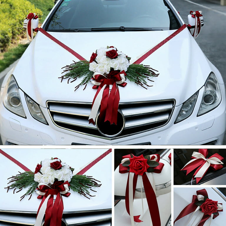 MoreChioce Ribbon Flowers Wedding Car Decoration Bow Artificial Rose  Embellished Auto Exterior Body Decor Claret 
