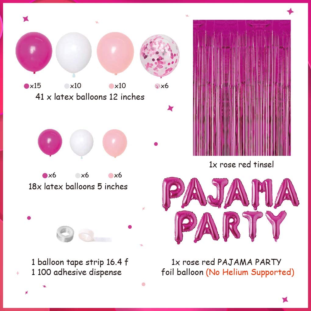 Pajama Party Decorations for Girls Women, Pajama Hot Pink Balloon Garland  Kit Decor Pajama Party Foil Curtain Backdrop for Movie Night Ladies Night  Girls Slumber Sleepover Party Decorations 