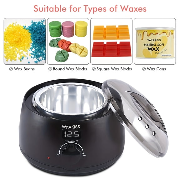 WAXKISS 500ml Wax Heater - 120°C Precise Temp Control Black Waxing Machine for Hard/Soft Wax, Home Salon Use, Face Body Bikini Leg Hair Removal