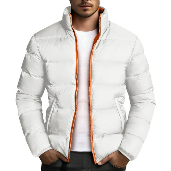 ZCFZJW Men Puffer Down Jacket Packable Lightweight Full Zip up Color Patchwork Long Sleeve Stand Collar Winter Warm Jackets Coats Outdoor Waterproof Insulated Jackets with Pockets White XL